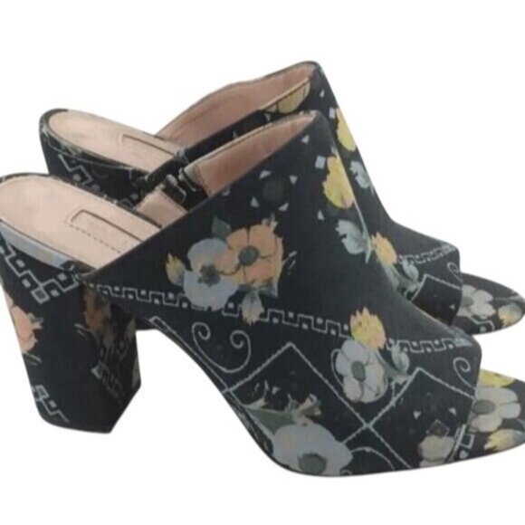 Avec Les Filles Margaux Black Poppy Bandana Canvas Block Heeled Mules Sandals 9 - Picture 1 of 5